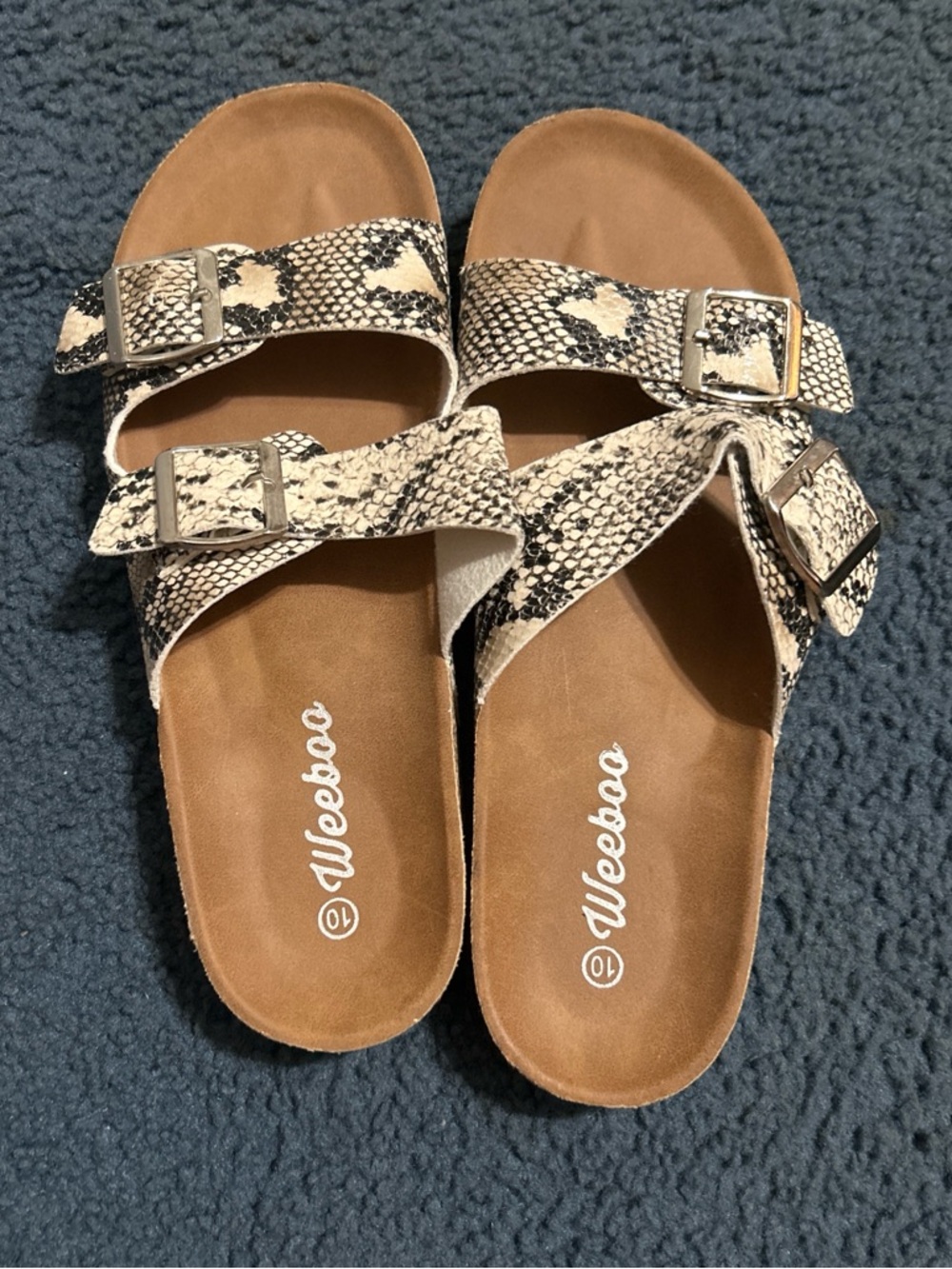 Snake-Print Dual Buckle Slide Sandals in Neutral
